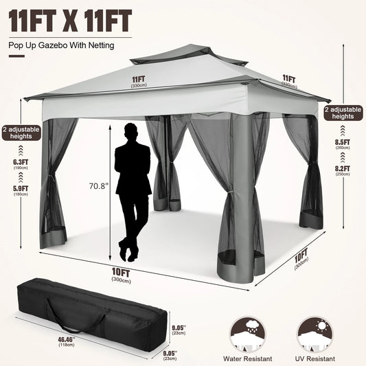 11x11ft Pop Up Gazebo with Mosquito Netting & Carry Bag