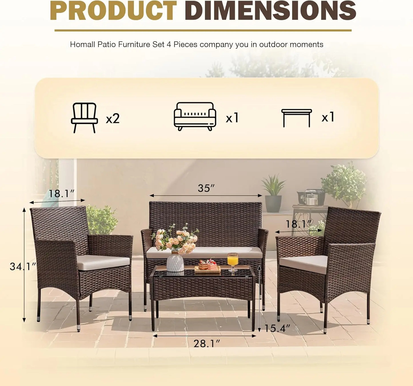 4 Pieces Outdoor Patio Furniture Sets Rattan Chair Wicker Set,Outdoor Indoor Use Backyard Porch