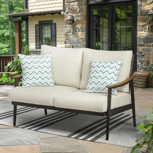 BestsellerXMSJ-Sale Outdoor Patio Loveseat, Patio Furniture Metal Outdoor Sofa with Wicker Backrest & 6 Inches Cushion for Front