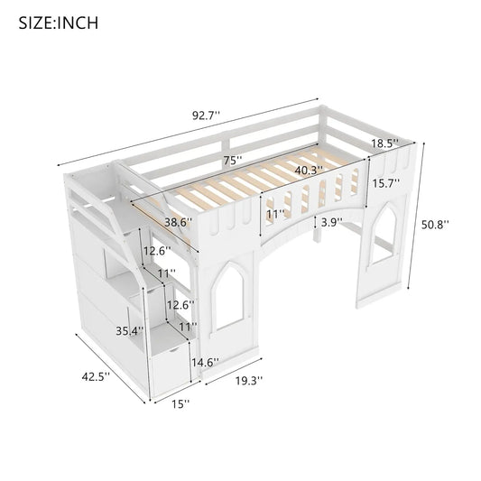 Twin size Low Loft Bed with Stairs, Storage Staircase and Window,