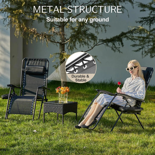 Set of 2 Portable Outdoor Garden Recliners with Cup Holder and Adjustable Pillow