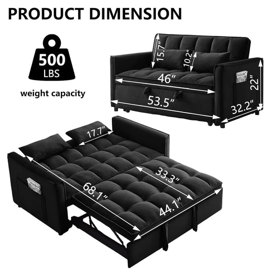53'' Convertible Sleeper Sofa Bed, Modern Velvet Fabric, Adjustable Backrest, Side Pocket and 2 Pillows,