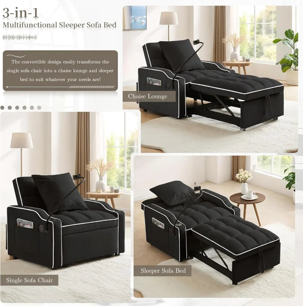 3-in-1 Velvet Sleeper Sofa Bed with USB Ports & Phone Holder