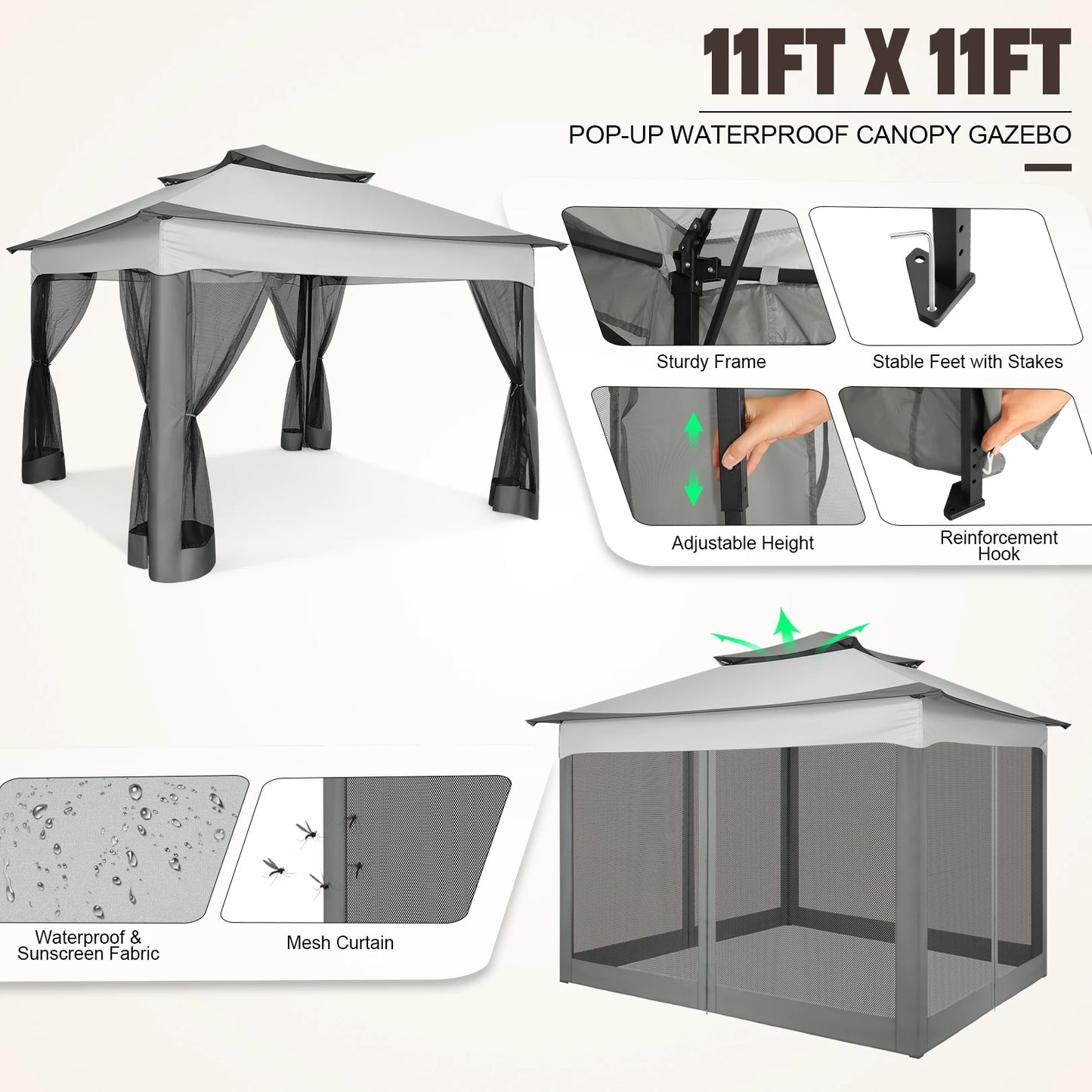 11x11ft Pop Up Gazebo with Mosquito Netting & Carry Bag
