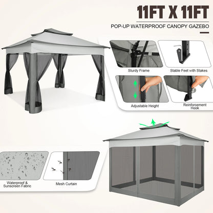 11x11ft Pop Up Gazebo with Mosquito Netting & Carry Bag