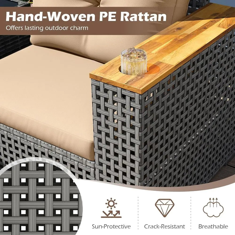 Outdoor Wicker Loveseat with Wood Armrests & Cup Holders