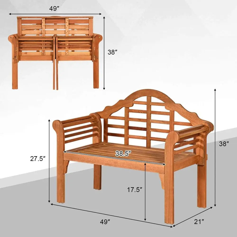 4ft Foldable Eucalyptus Bench with Curved Back & Armrests