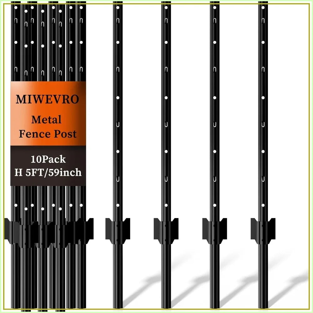 10 Pack 5 FT Heavy Duty Metal U-Post for Wire Fencing, No-Dig Fence Stakes, Rustproof Powder-Coated Steel for Farm, Yard & Garden
