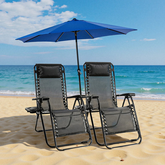Set of 2 Portable Outdoor Garden Recliners with Cup Holder and Adjustable Pillow