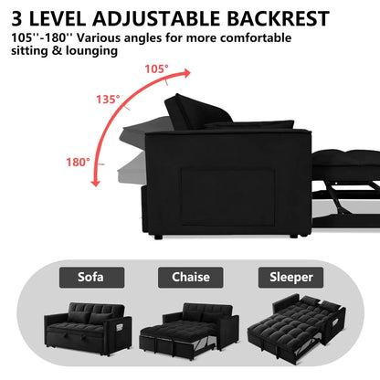 53'' Convertible Sleeper Sofa Bed, Modern Velvet Fabric, Adjustable Backrest, Side Pocket and 2 Pillows,