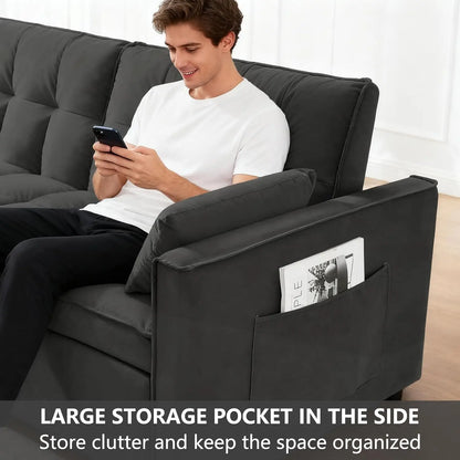 53'' Convertible Sleeper Sofa Bed, Modern Velvet Fabric, Adjustable Backrest, Side Pocket and 2 Pillows,