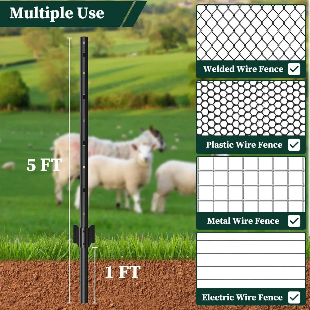 10 Pack 5 FT Heavy Duty Metal U-Post for Wire Fencing, No-Dig Fence Stakes, Rustproof Powder-Coated Steel for Farm, Yard & Garden