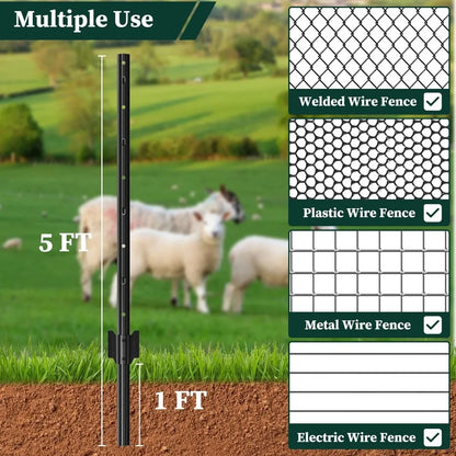 10 Pack 5 FT Heavy Duty Metal U-Post for Wire Fencing, No-Dig Fence Stakes, Rustproof Powder-Coated Steel for Farm, Yard & Garden