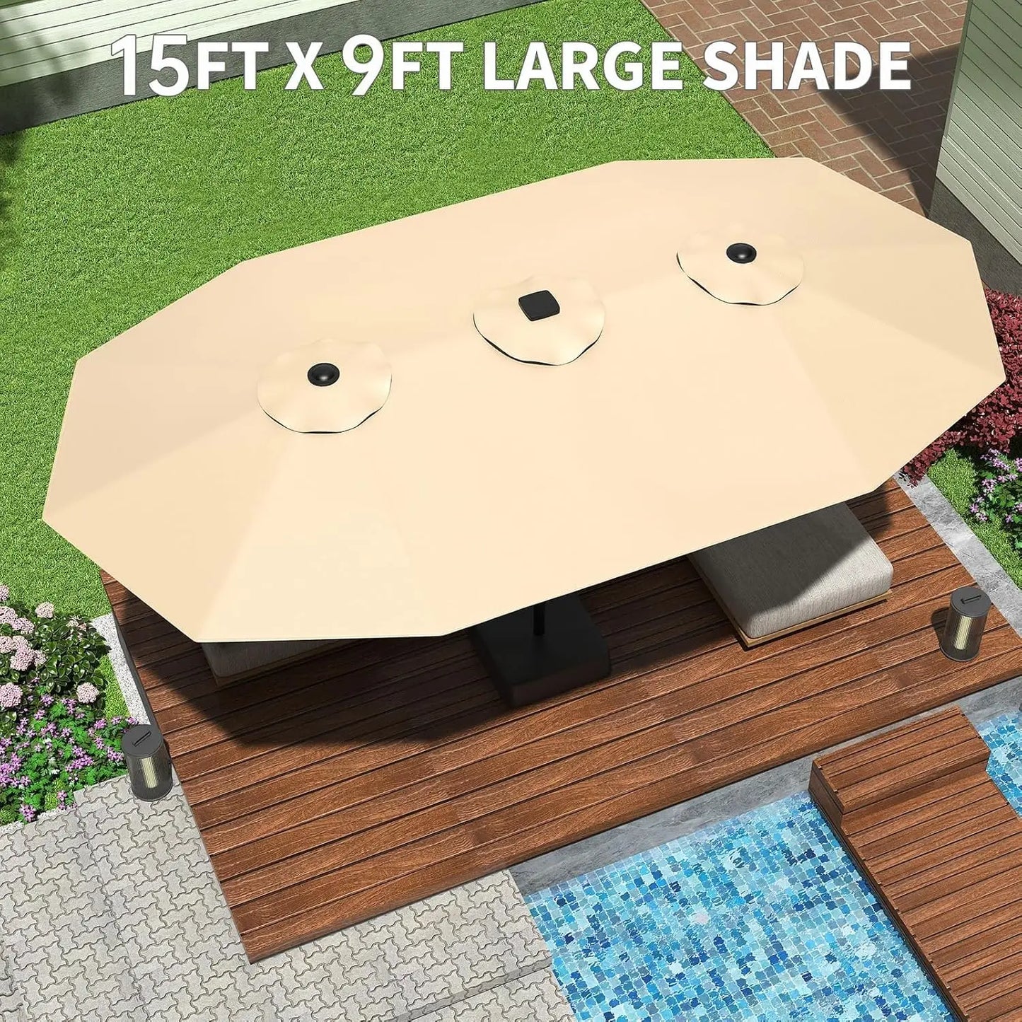 Large 15 X 9 ft Rectanglular Umbrella with Cross Base and Sandbag for Pool Lawn & Garden