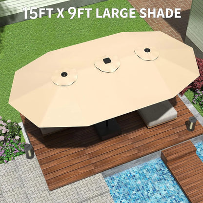 Large 15 X 9 ft Rectanglular Umbrella with Cross Base and Sandbag for Pool Lawn & Garden