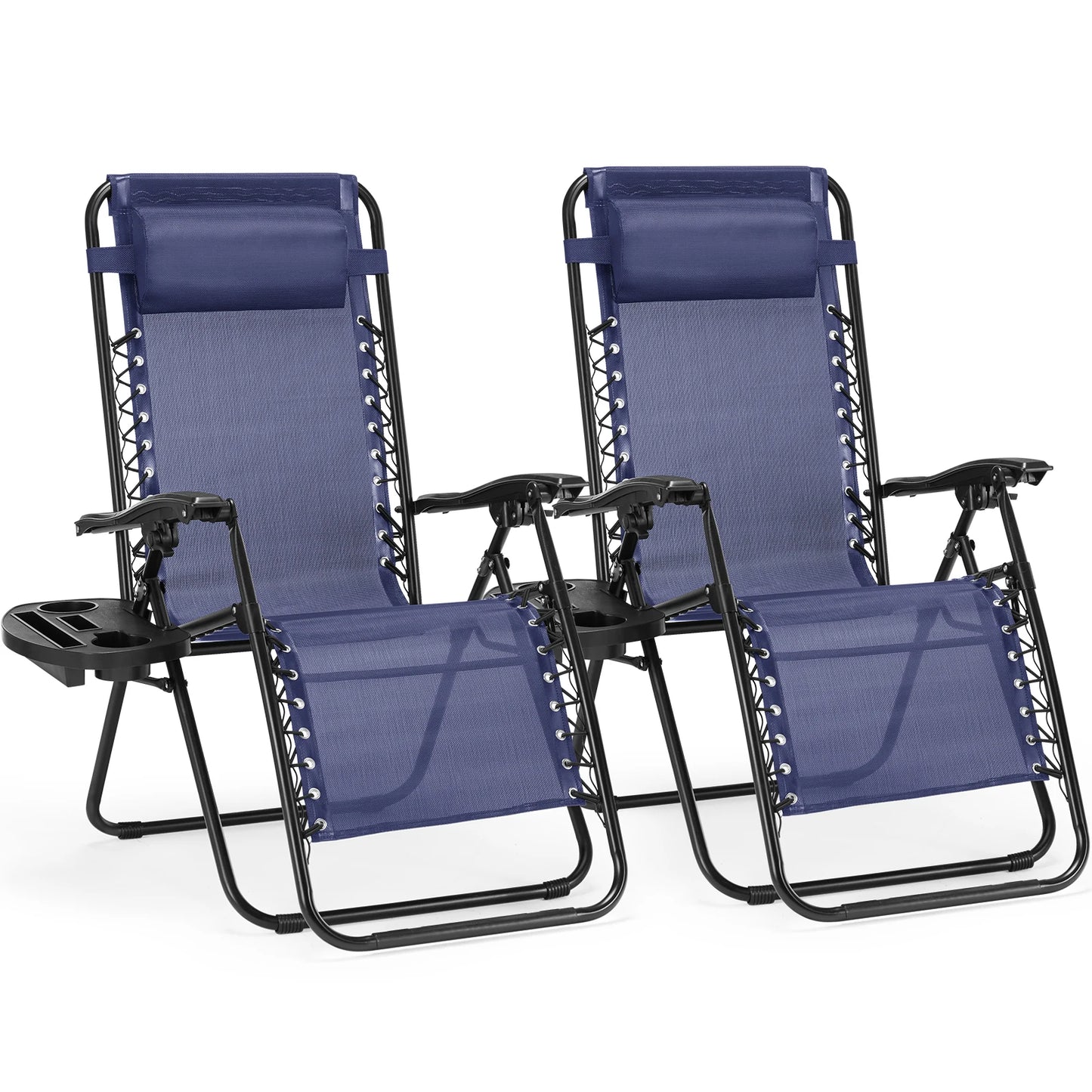 Set of 2 Portable Outdoor Garden Recliners with Cup Holder and Adjustable Pillow