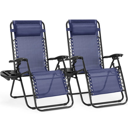 Set of 2 Portable Outdoor Garden Recliners with Cup Holder and Adjustable Pillow