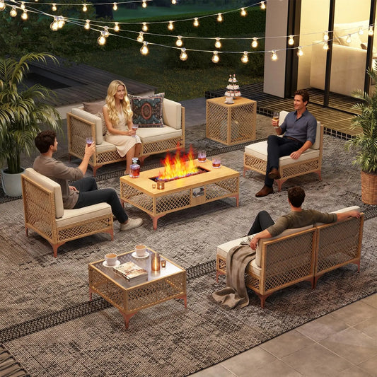 9pc Patio Sectional Set with Fire Pit