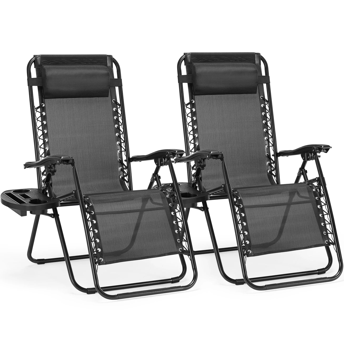 Set of 2 Portable Outdoor Garden Recliners with Cup Holder and Adjustable Pillow