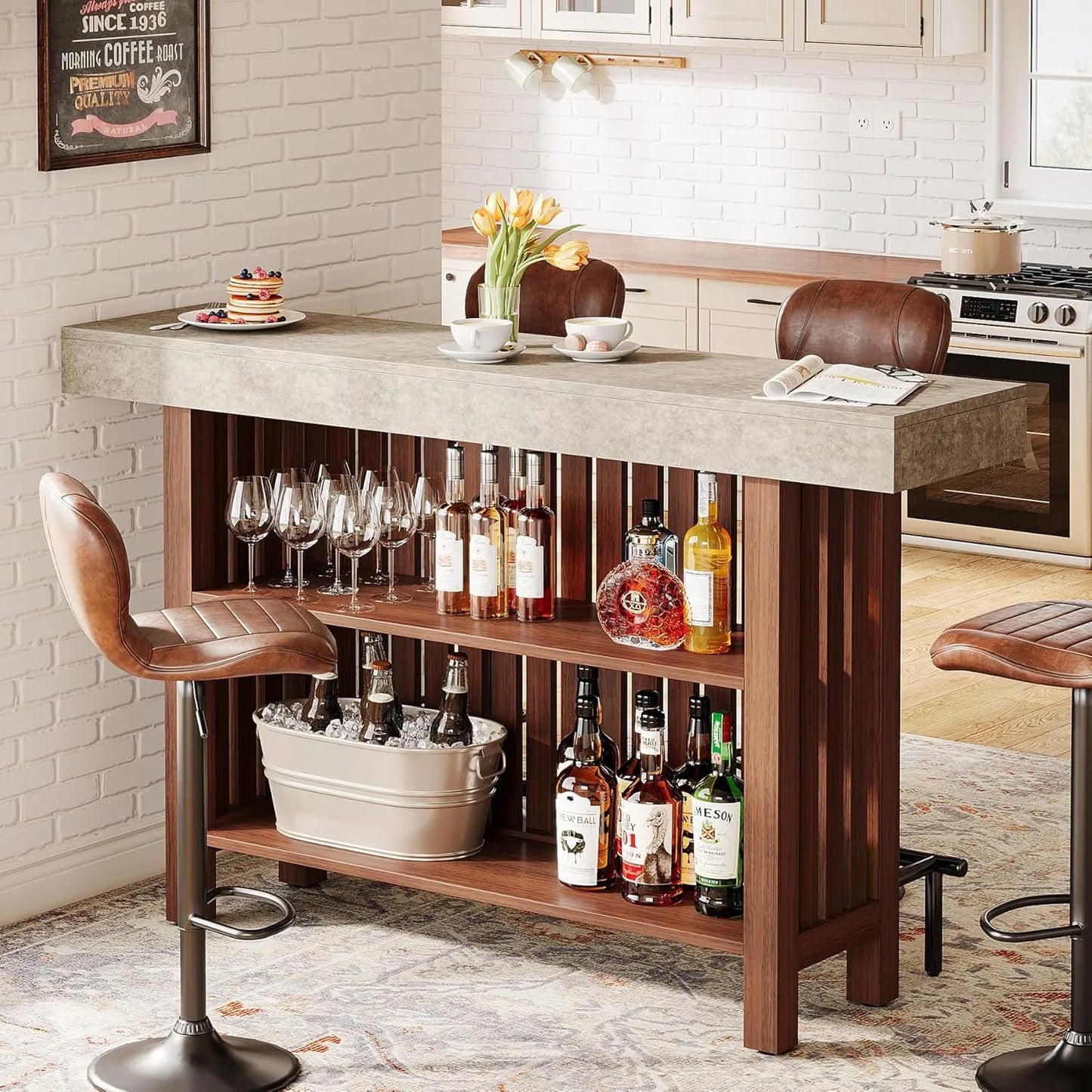 63-Inch Large Bar Unit,2-Tier Kitchen Island Mini Bar Height Pub Table with Footrest, Modern Coffee Bar Cabinet
