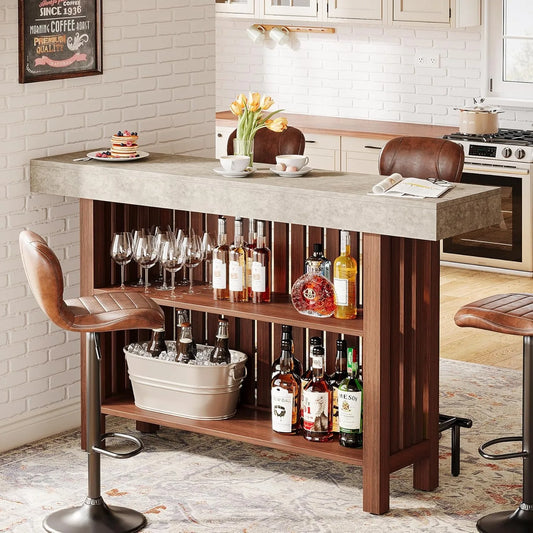 63-Inch Large Bar Unit,2-Tier Kitchen Island Mini Bar Height Pub Table with Footrest, Modern Coffee Bar Cabinet