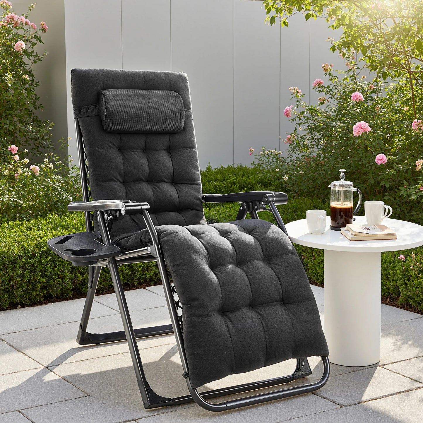 Set of 2 Portable Outdoor Garden Recliners with Cup Holder and Adjustable Pillow