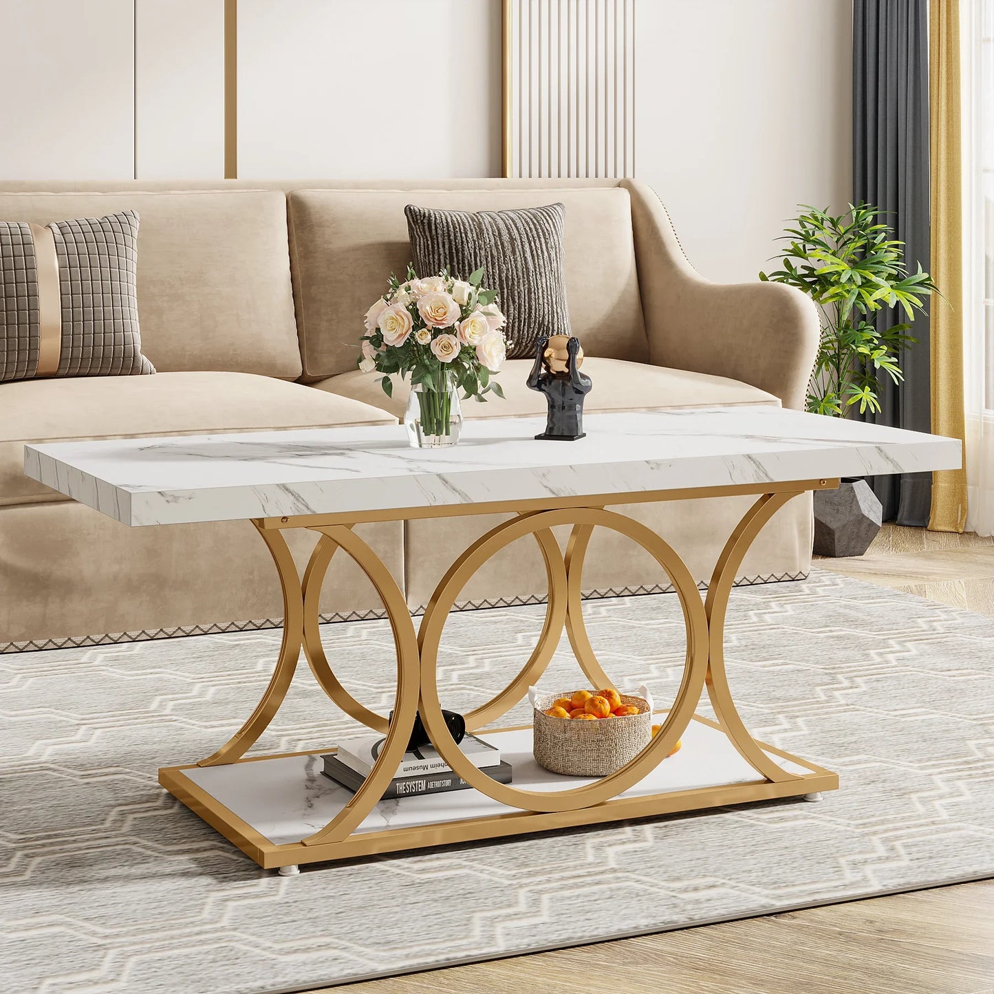 47 inch Rectangle, Faux Marble & Wood Coffee Table