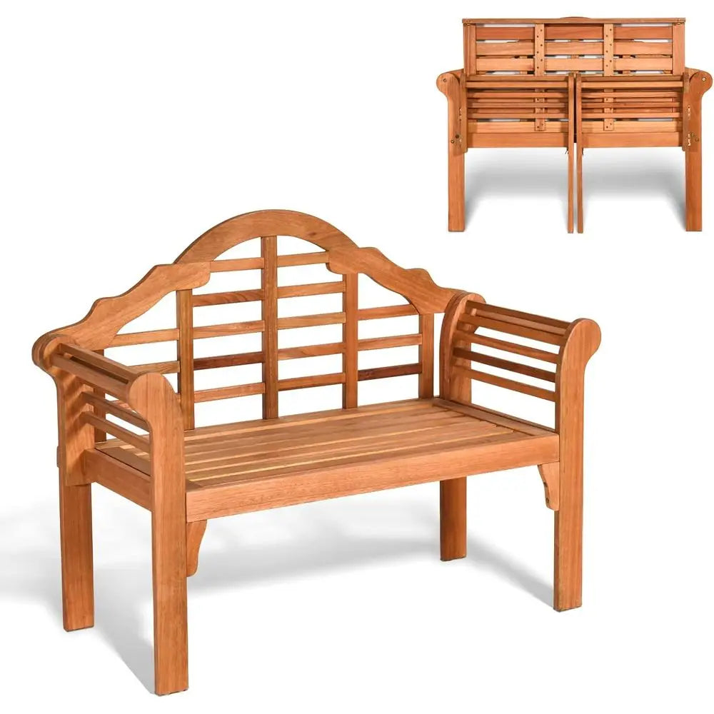 4ft Foldable Eucalyptus Bench with Curved Back & Armrests