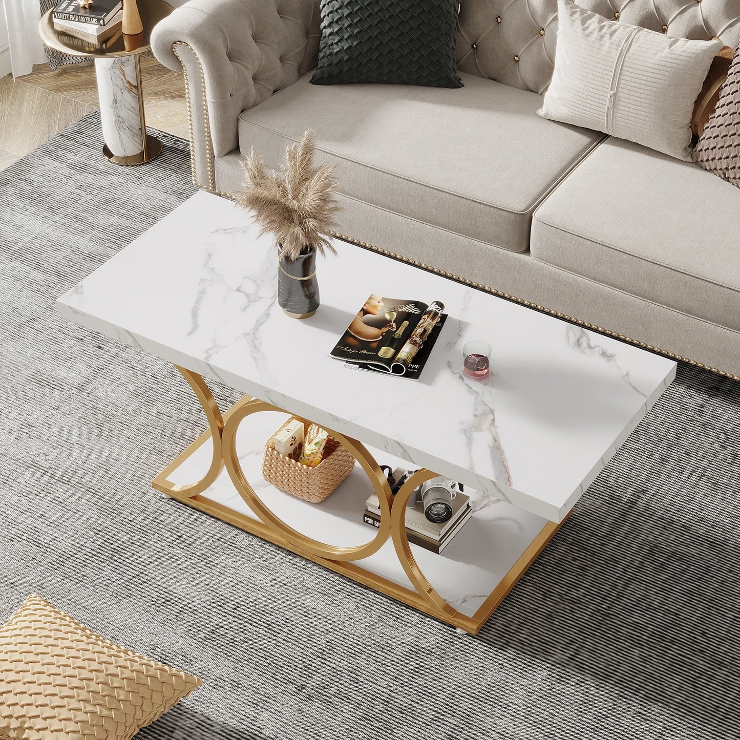 47 inch Rectangle, Faux Marble & Wood Coffee Table