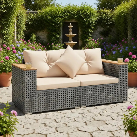 Outdoor Wicker Loveseat with Wood Armrests & Cup Holders