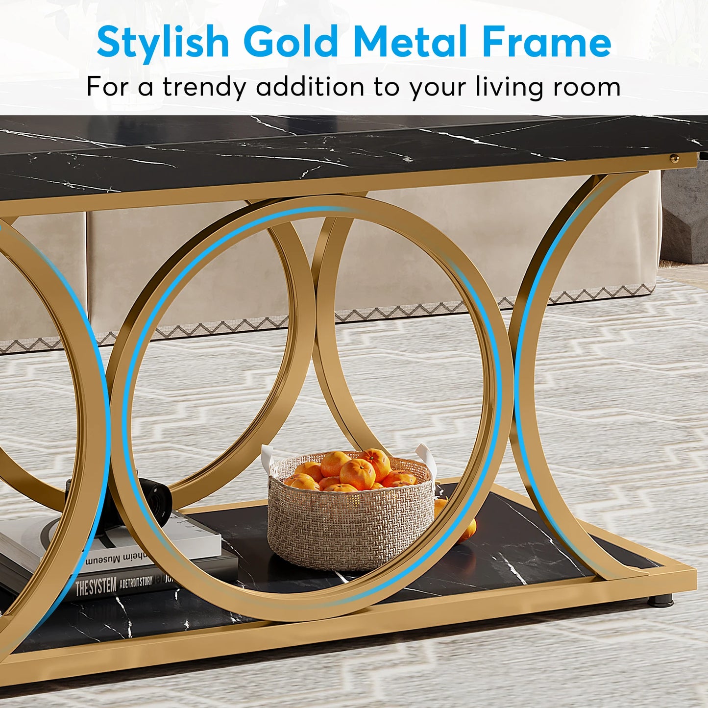 47 inch Rectangle, Faux Marble & Wood Coffee Table
