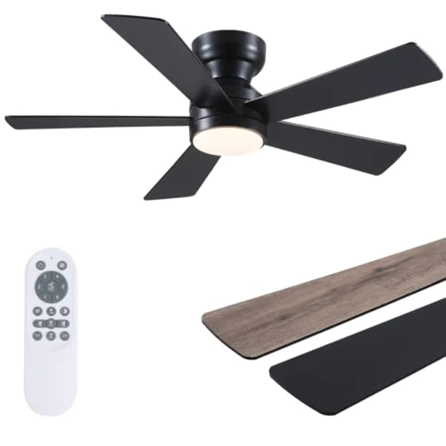 Black Ceiling Fans with Lights - 46" Flush Mount Ceiling Fan with Remote and 5 Reversible Blades, 3CCT Dimmable, 6 Wind Speedsa