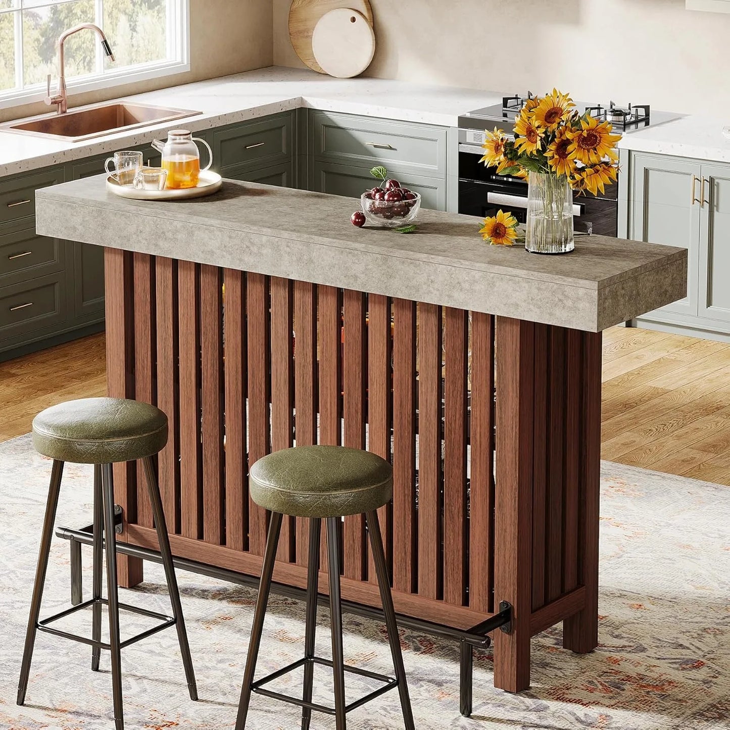 63-Inch Large Bar Unit,2-Tier Kitchen Island Mini Bar Height Pub Table with Footrest, Modern Coffee Bar Cabinet