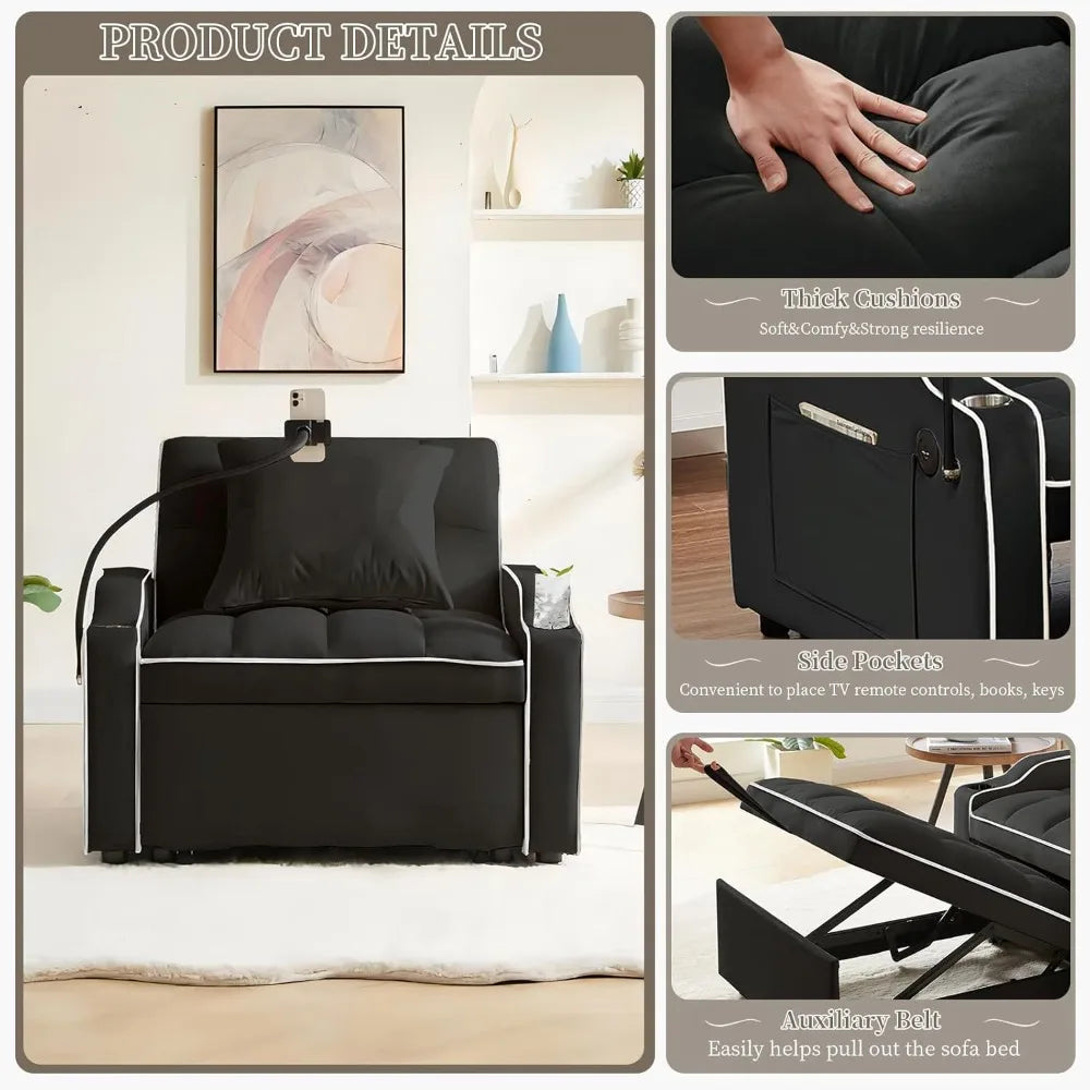 3-in-1 Velvet Sleeper Sofa Bed with USB Ports & Phone Holder