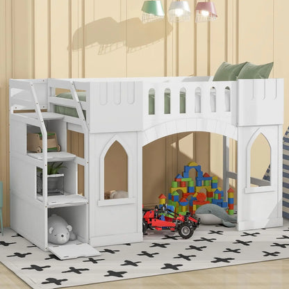 Twin size Low Loft Bed with Stairs, Storage Staircase and Window,