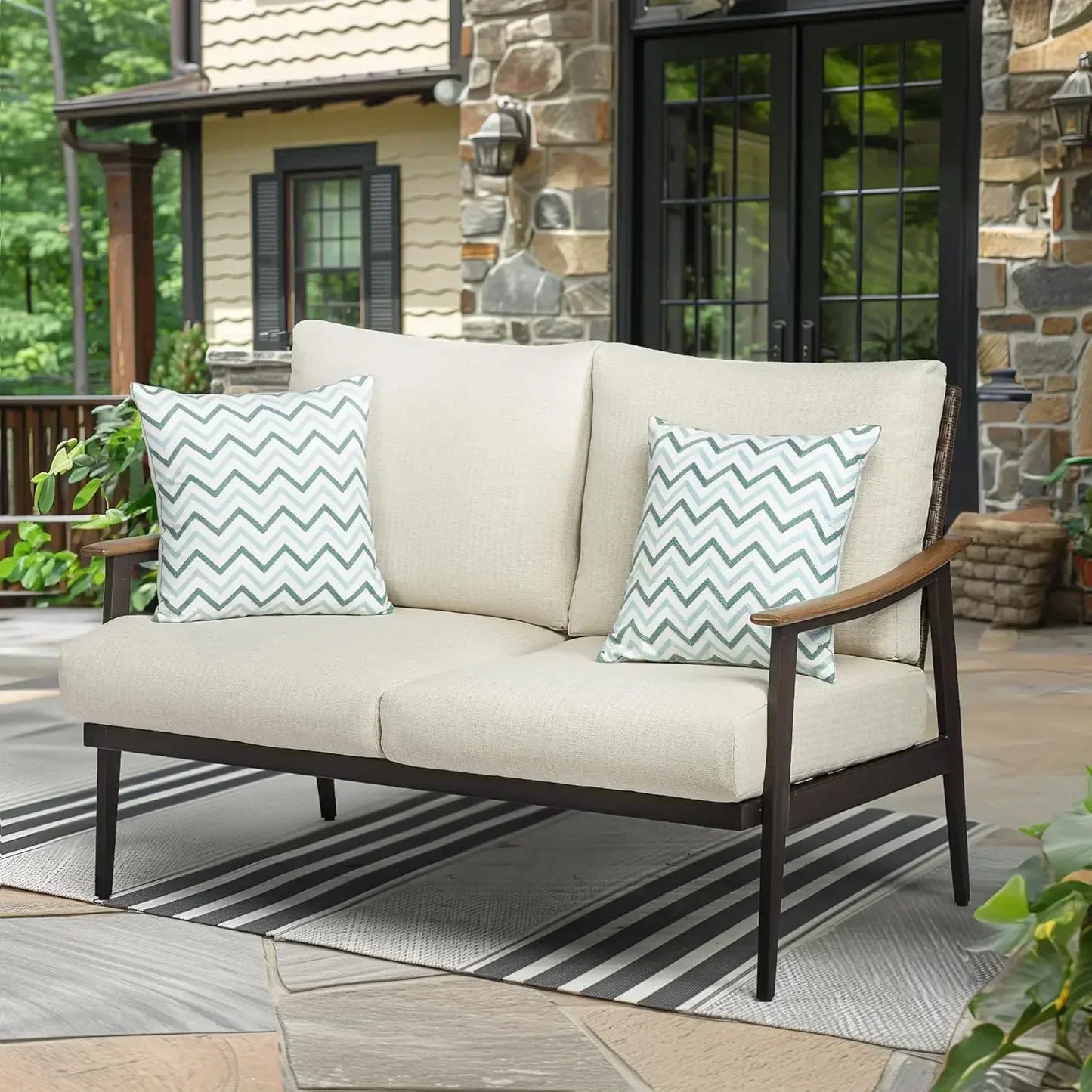 BestsellerXMSJ-Sale Outdoor Patio Loveseat, Patio Furniture Metal Outdoor Sofa with Wicker Backrest & 6 Inches Cushion for Front