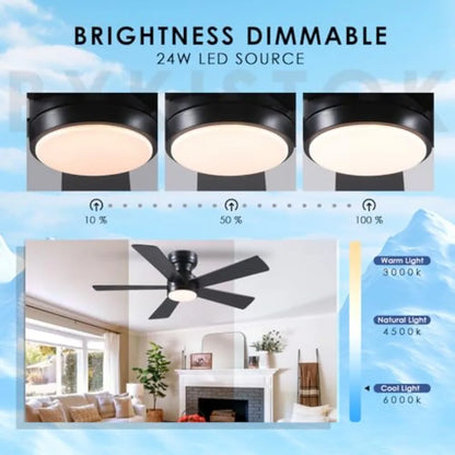 Black Ceiling Fans with Lights - 46" Flush Mount Ceiling Fan with Remote and 5 Reversible Blades, 3CCT Dimmable, 6 Wind Speedsa