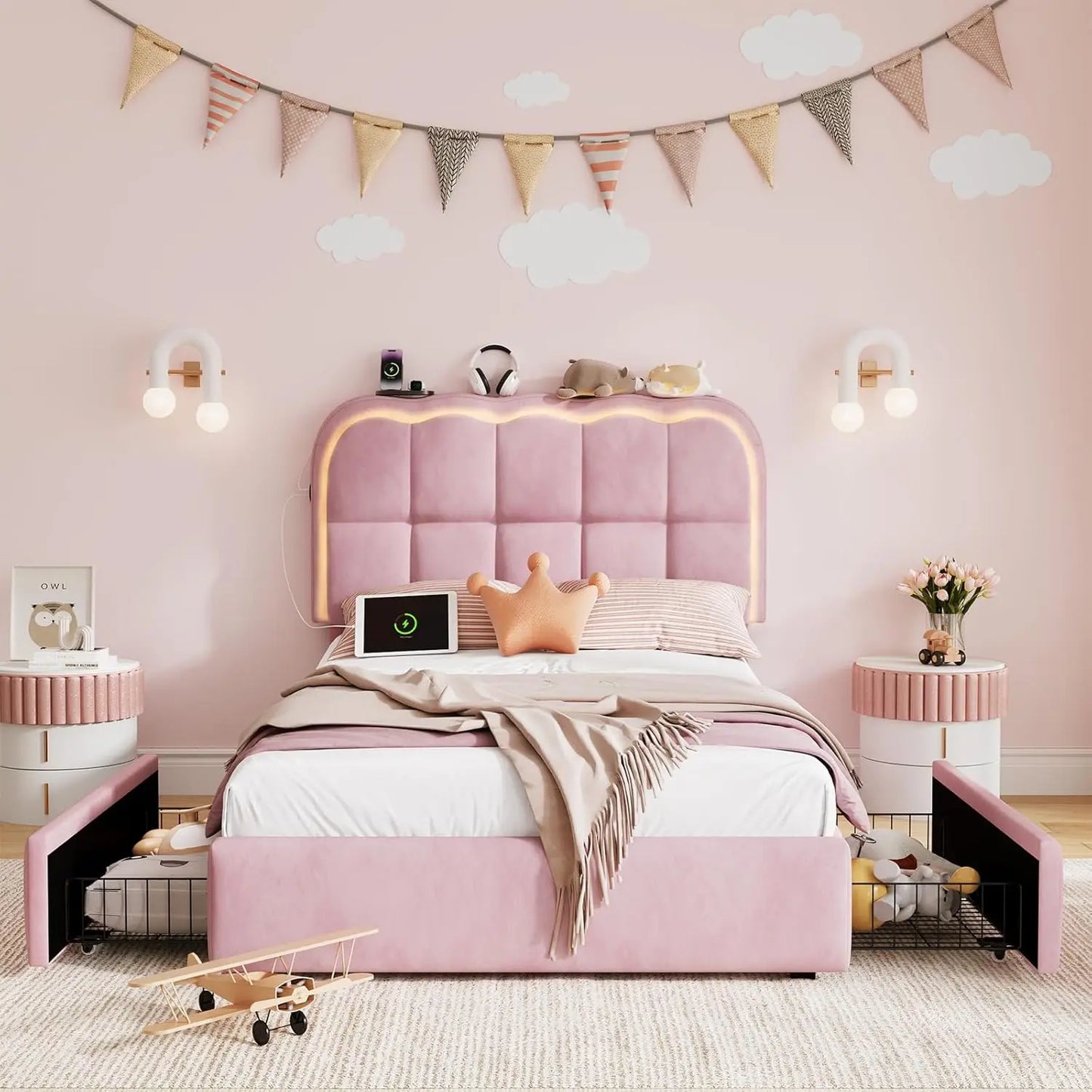 Twin Bed Frame with Storage Drawers and Headboard,