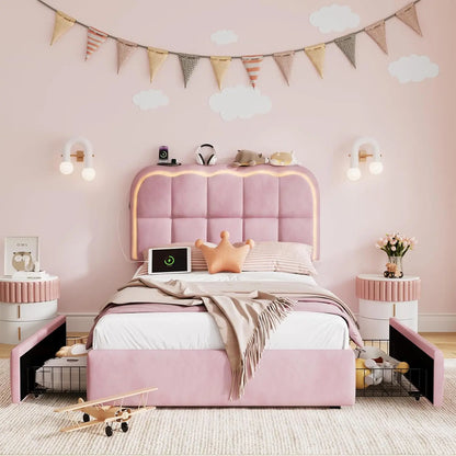 Twin Bed Frame with Storage Drawers and Headboard,