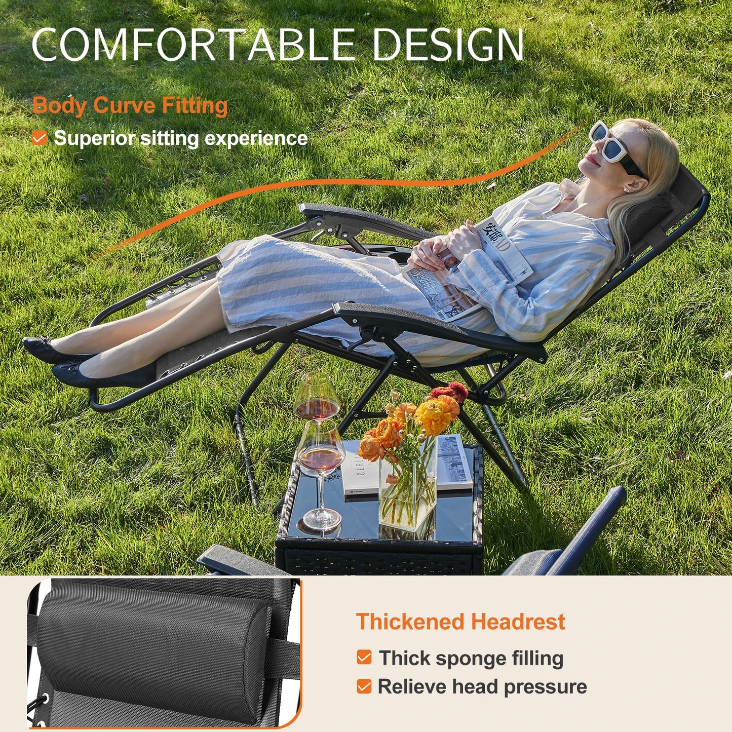 Set of 2 Portable Outdoor Garden Recliners with Cup Holder and Adjustable Pillow