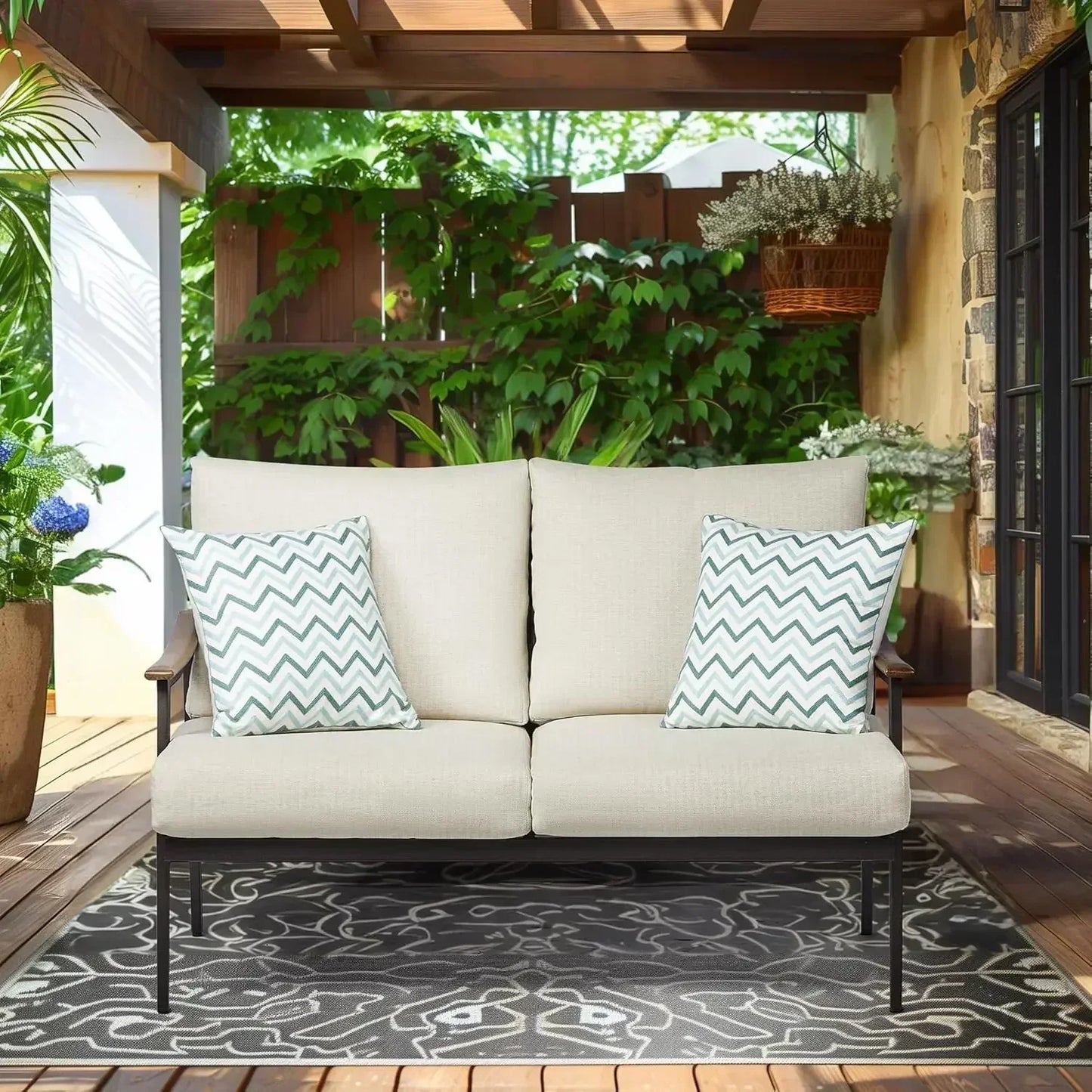 BestsellerXMSJ-Sale Outdoor Patio Loveseat, Patio Furniture Metal Outdoor Sofa with Wicker Backrest & 6 Inches Cushion for Front