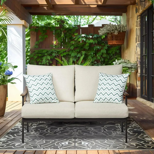 BestsellerXMSJ-Sale Outdoor Patio Loveseat, Patio Furniture Metal Outdoor Sofa with Wicker Backrest & 6 Inches Cushion for Front