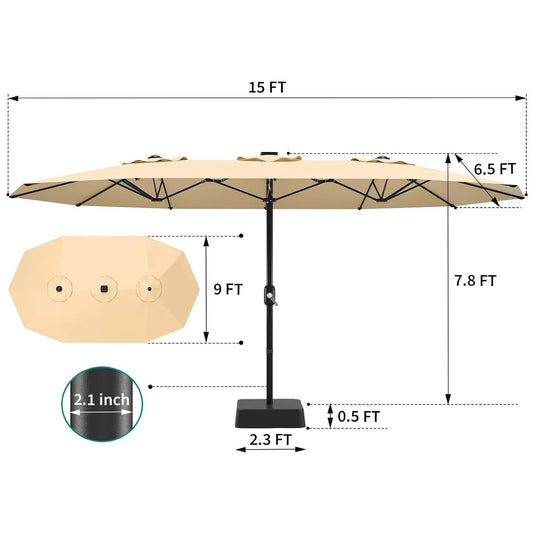 Large 15 X 9 ft Rectanglular Umbrella with Cross Base and Sandbag for Pool Lawn & Garden