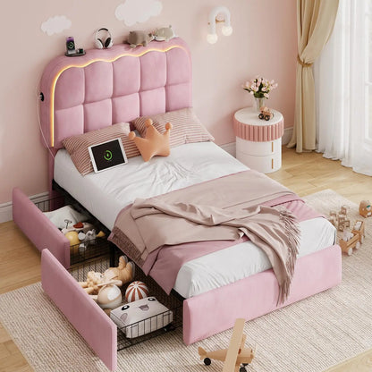 Twin Bed Frame with Storage Drawers and Headboard,