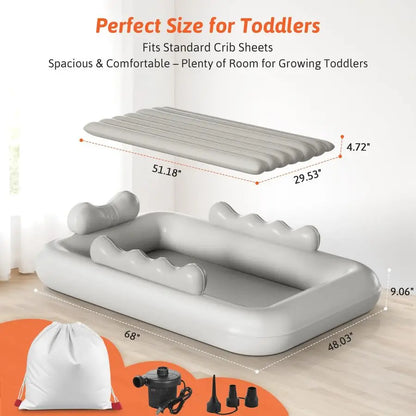 Toddler Travel Bed with Tent Foldable Portable Toddler Bed Cot Blow Up Kids Air Mattress with Safety Bumper, Pump Carry Bag Indo