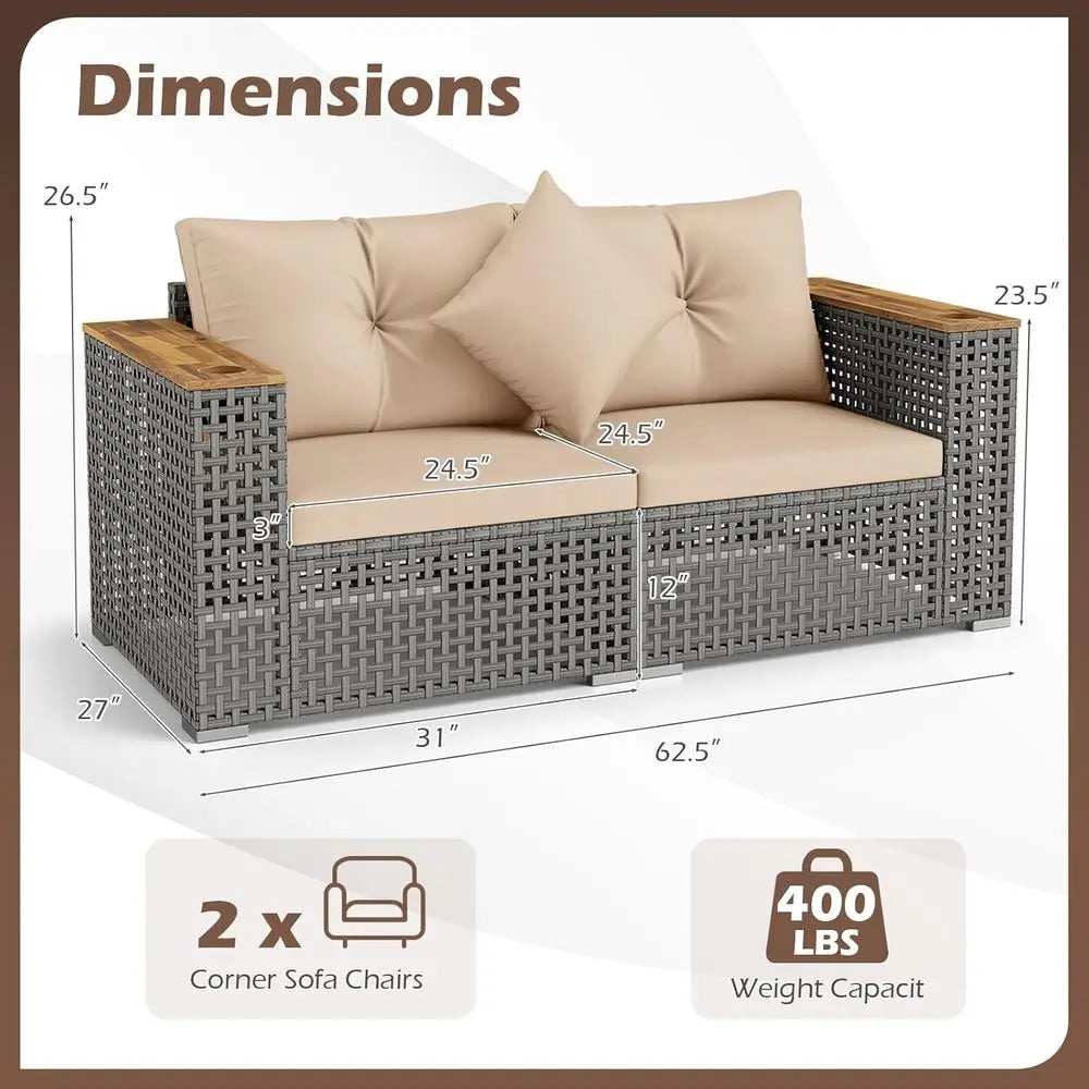 Outdoor Wicker Loveseat with Wood Armrests & Cup Holders