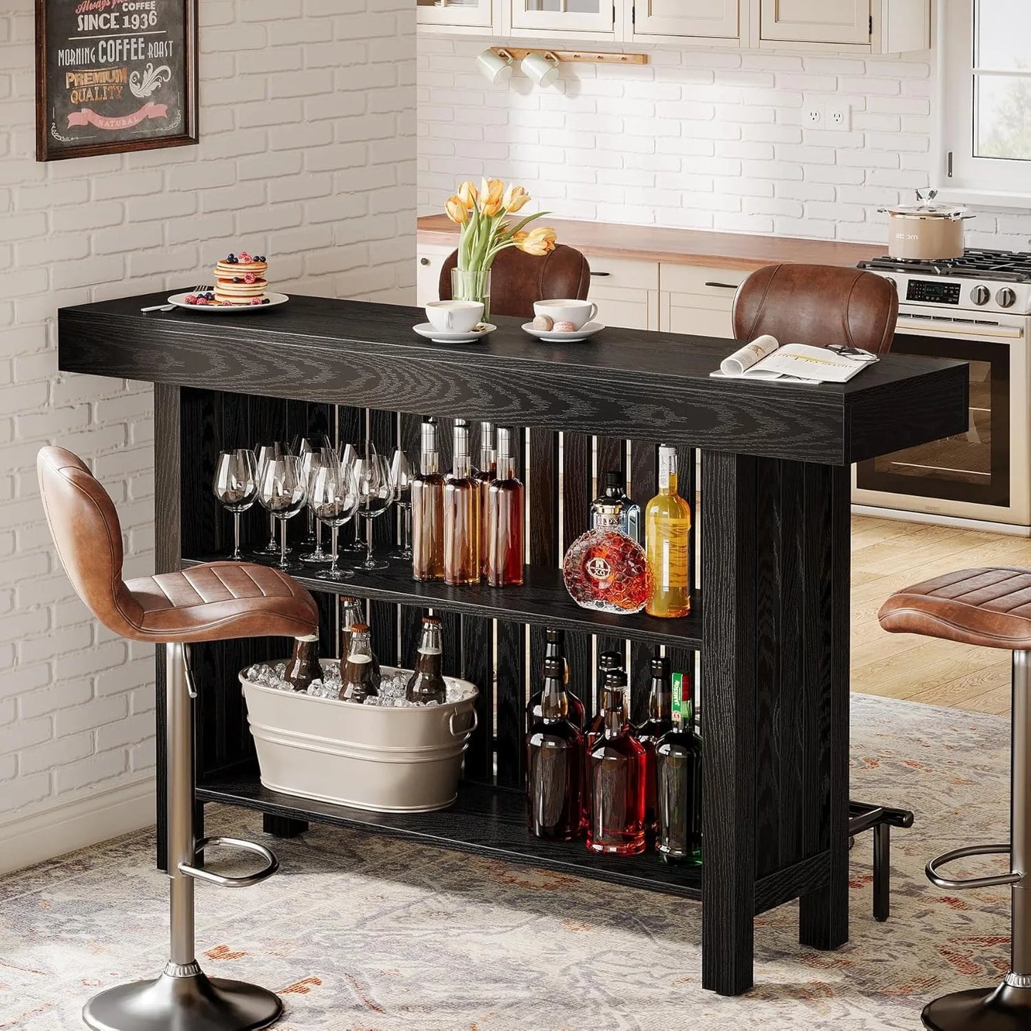 63-Inch Large Bar Unit,2-Tier Kitchen Island Mini Bar Height Pub Table with Footrest, Modern Coffee Bar Cabinet