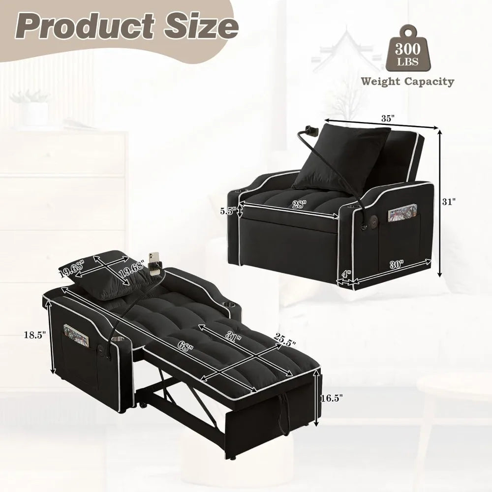 3-in-1 Velvet Sleeper Sofa Bed with USB Ports & Phone Holder