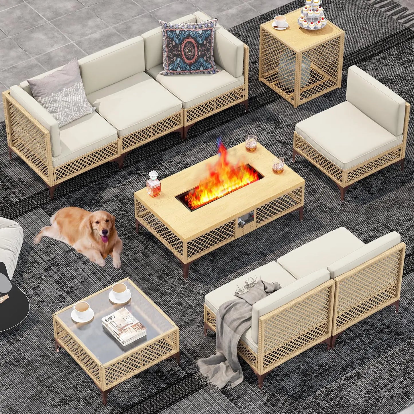 9pc Patio Sectional Set with Fire Pit