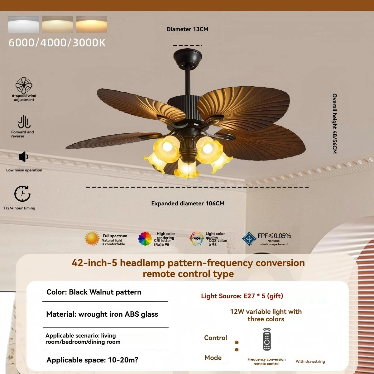 Banana leaf high wind ceiling fan light